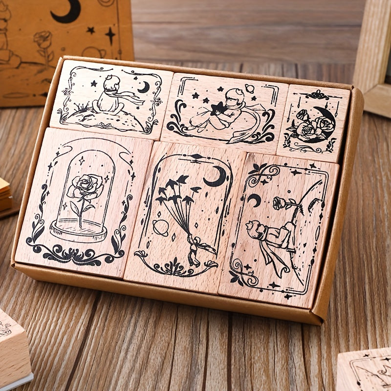 6pcs Wooden Seals Rose Prince DIY Decorative Printing Set