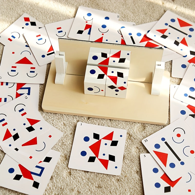 Wooden Mirrored Building Block Game with 20 Double Sided Cards