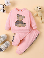 Baby Plaid Bear Embroidery Set Sweatshirt Tops Pants