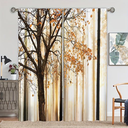 Autumn Maple Leaf Printed Curtains Rod Pocket Polyester Material