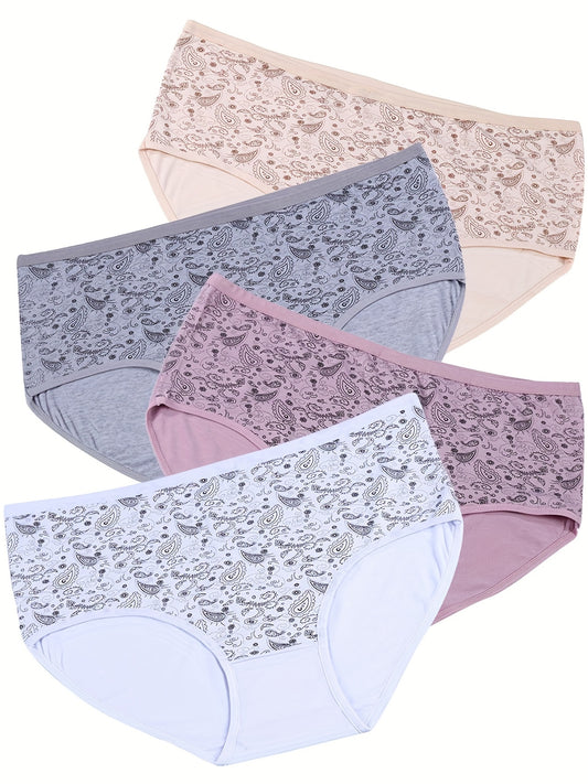 4 Pack Plus Size Boho Underwear Set Women's Paisley Print Soft Panty Set