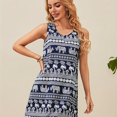  Tribal Print Tank Dress Round Neck Stretch Medium