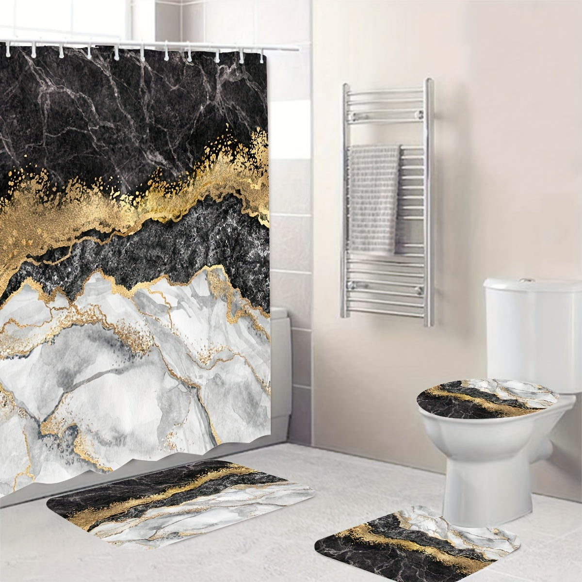 Waterproof Marble Shower Curtain with Rug & Mat Set