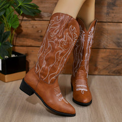 Women's Embroidered Chelsea Boots Mid Calf Western Shoes