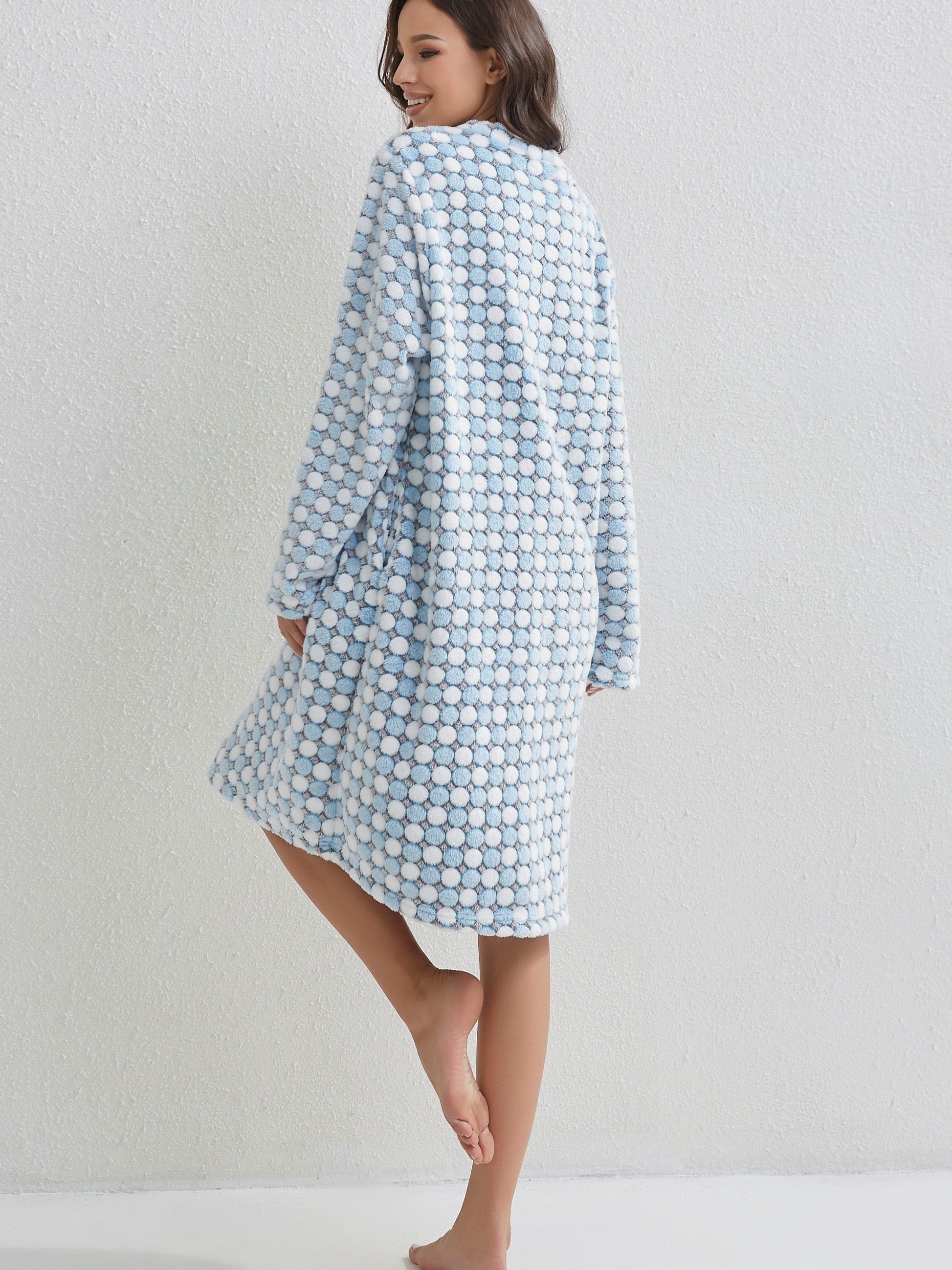 Polka Dot Flannel Night Robe Casual Zipper Sleepwear