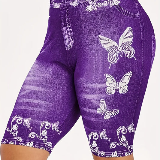 Denim & Butterfly Print Skinny Capris Leggings for Women