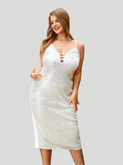 Sequin Cut Out V Neck Midi Cocktail Dress