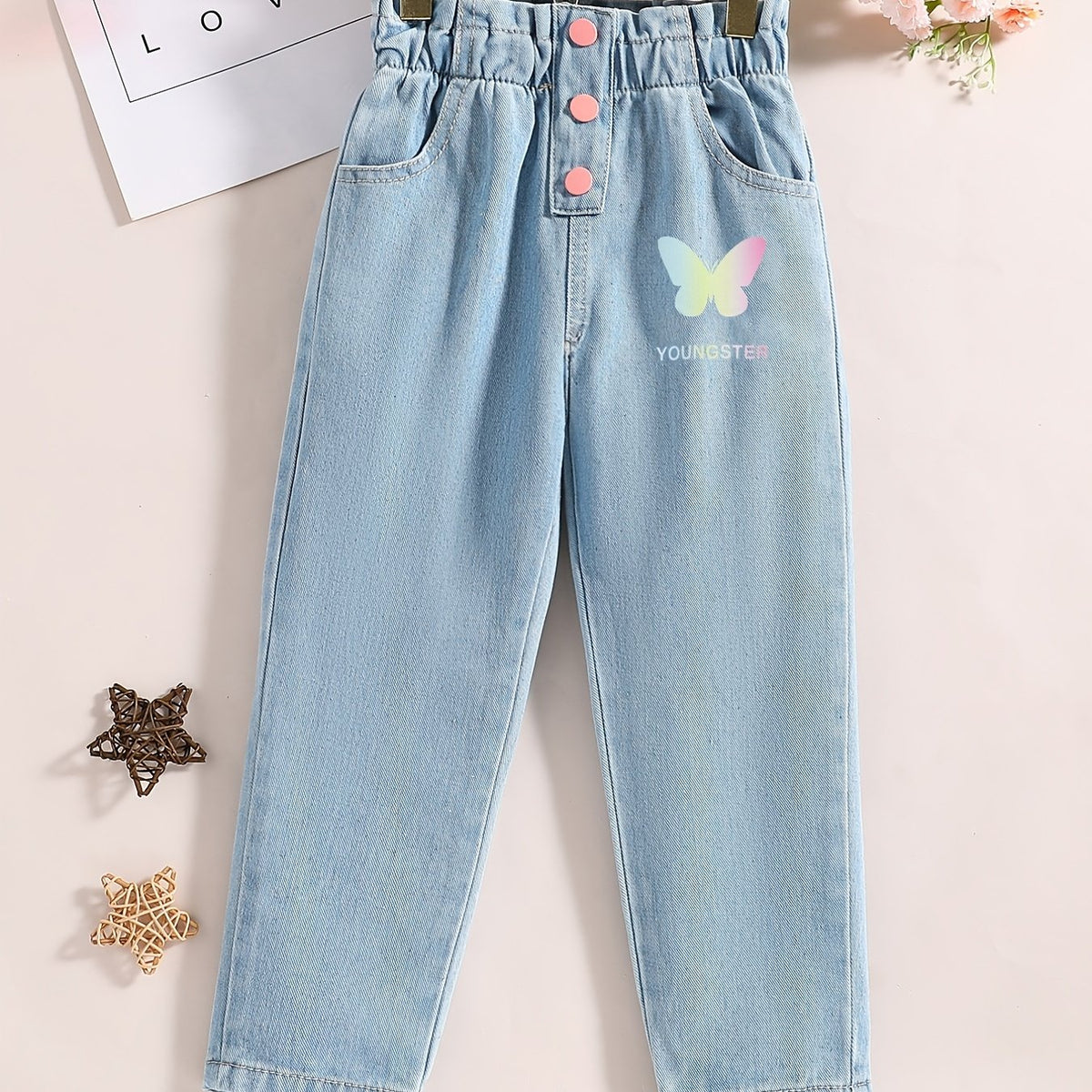 Girls' Butterfly Graphic Elastic Waist Jeans