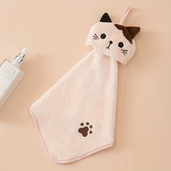 Cartoon Cat Hand Towel Soft Coral Fleece Pocket Towel for Bathroom and Kitchen