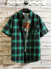 Plaid Print Men's Short Sleeve Shirt with Chest Pocket