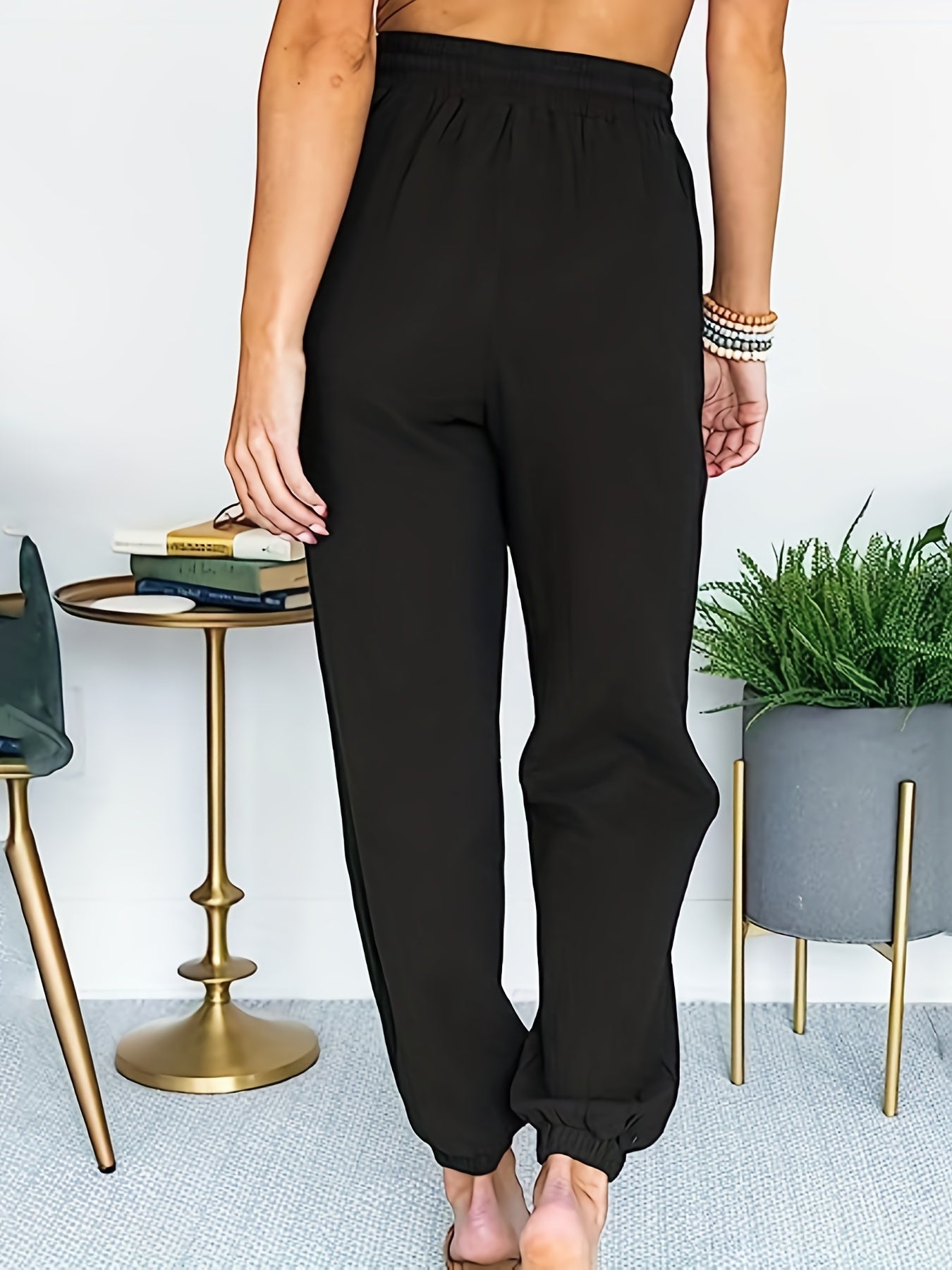  Solid Drawstring Elastic Stretch Pants