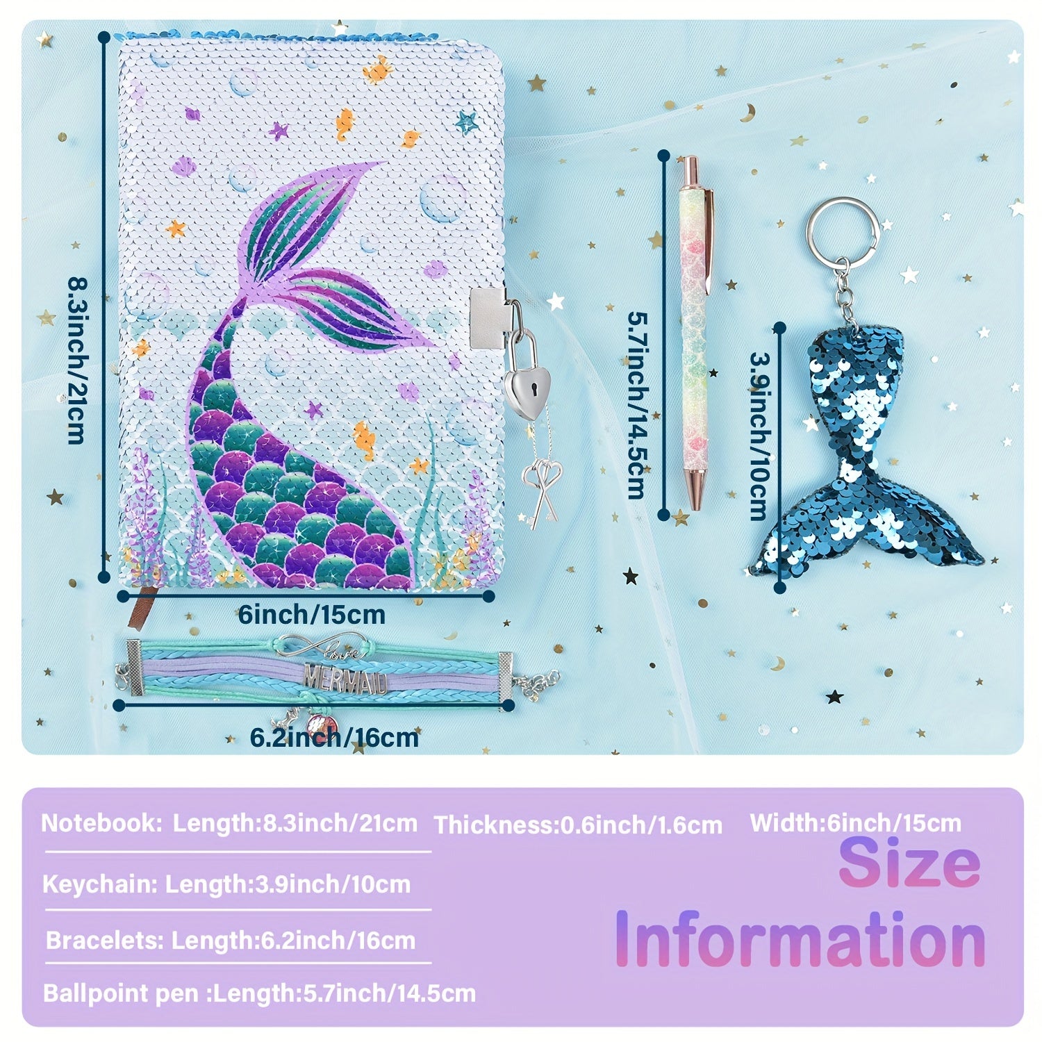 Mermaid Sequin Notebook Set with Lock & Pen