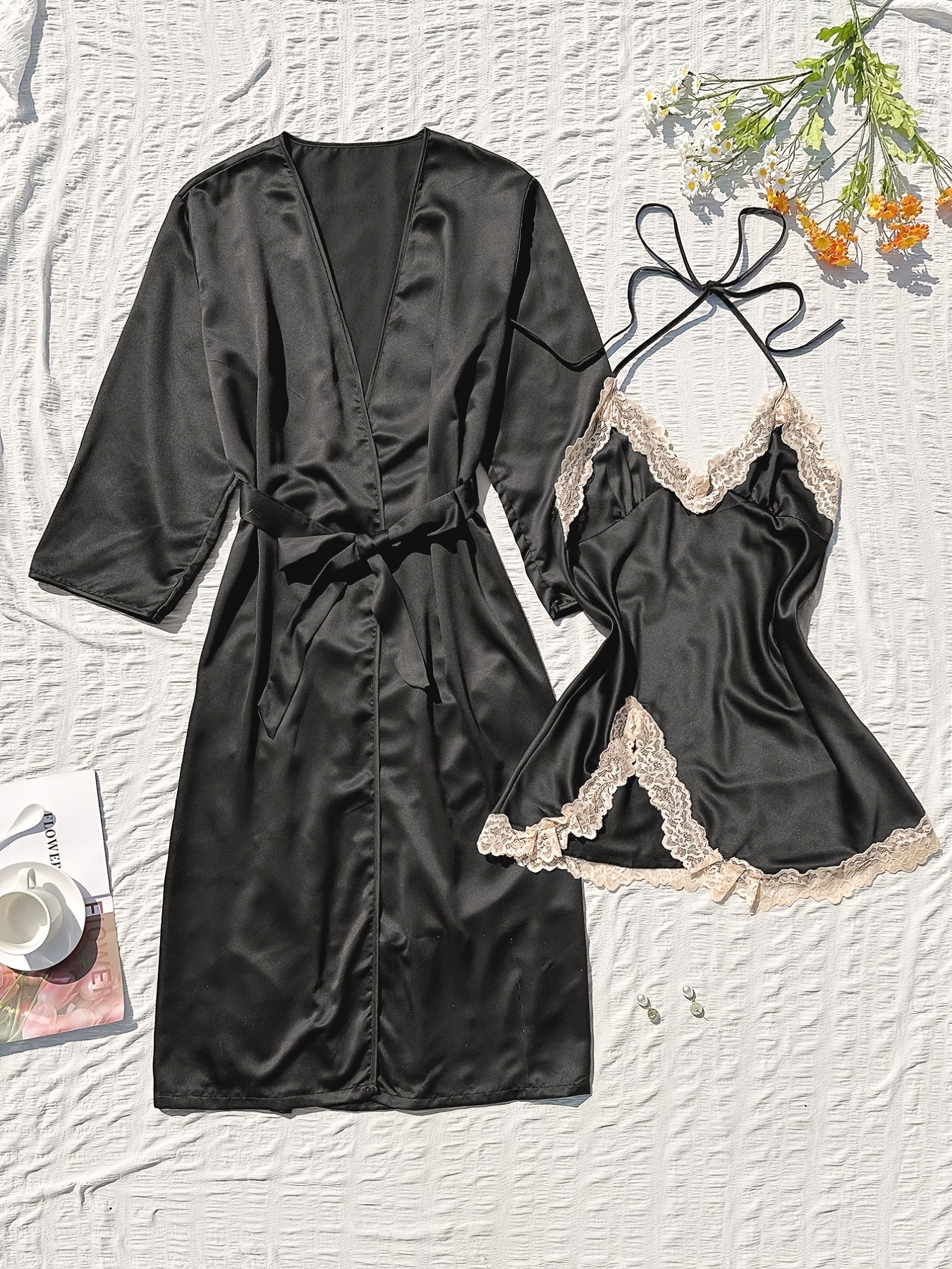 2pcs Satin Robe & Cami Dress Set with Lace Trim