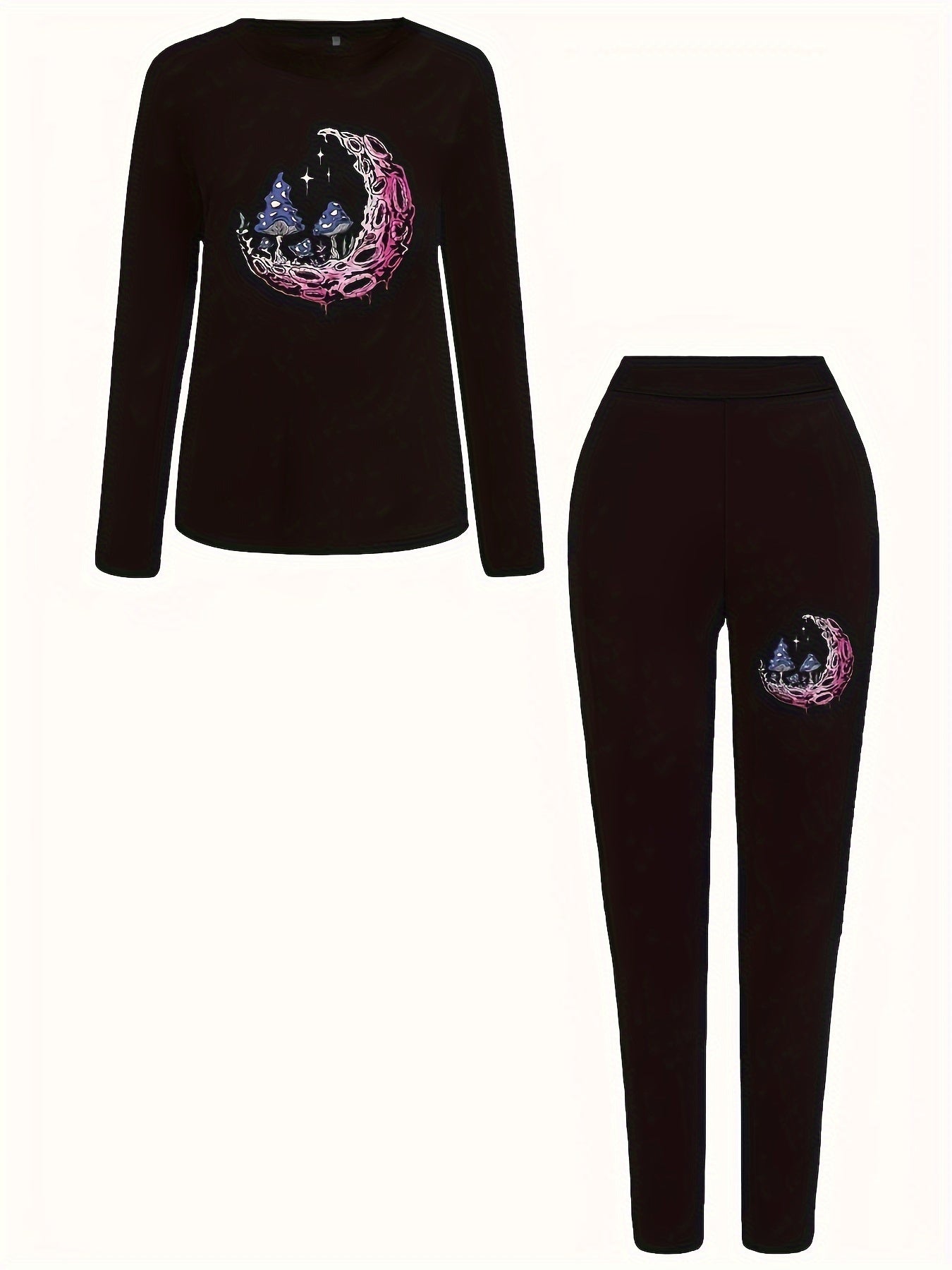 Women's Plus Moon & Mushroom Print Tee & Legging Outfits Set