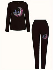 Women's Plus Moon & Mushroom Print Tee & Legging Outfits Set