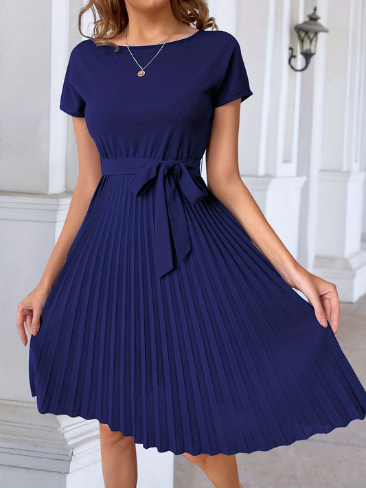 Pleated Tie Front Dress Short Sleeve Casual Solid Dress