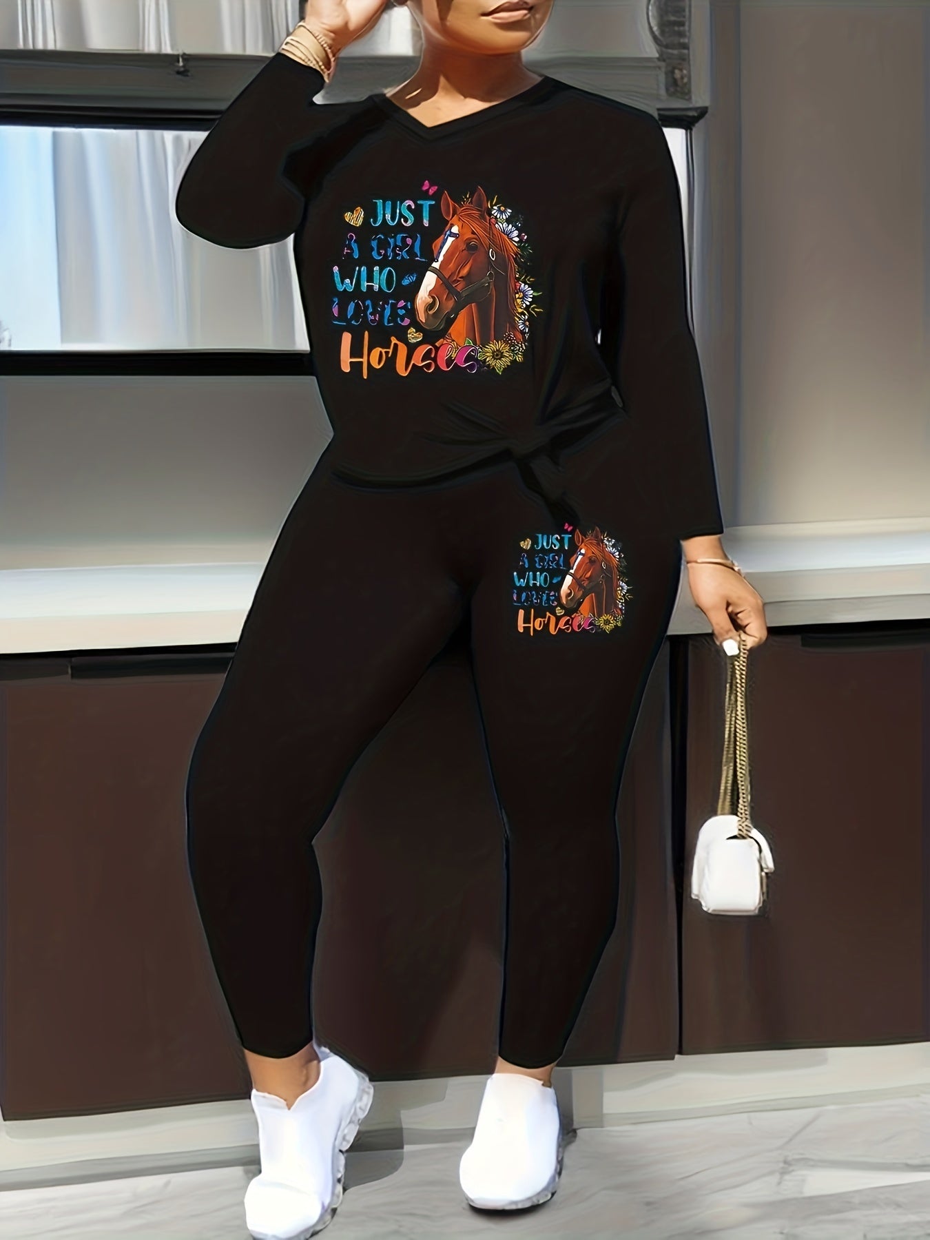 Women's Plus Horse & Slogan Print V Neck Top & Leggings Set