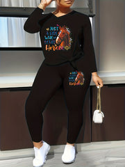 Women's Plus Horse & Slogan Print V Neck Top & Leggings Set
