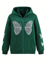 Butterfly Print Sweatshirt Y2K Zip Up Hoodie Casual Tops
