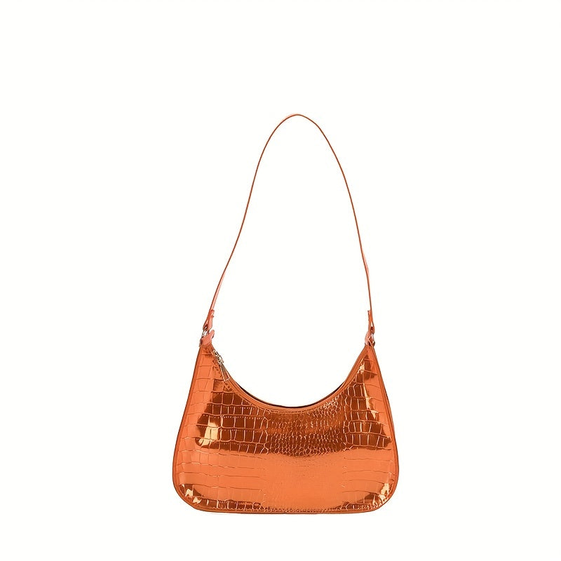 Crocodile Embossed Baguette Shoulder Bag Zipper Armpit Bag