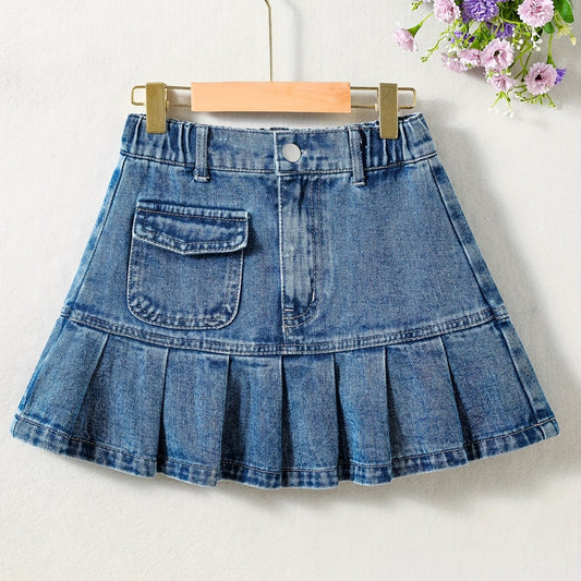 Girls Denim Mini Skirt with Elastic Waist & Pockets - Summer A-line Pleated