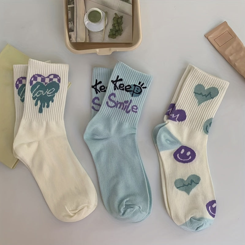 3 Pairs Heart & Letter Print Socks Women's Stockings