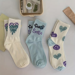 3 Pairs Heart & Letter Print Socks Women's Stockings