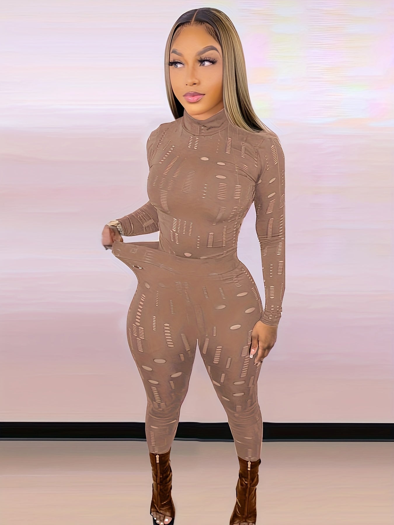 Sexy Cut Out 2pc Set Mock Neck Top & Skinny Pants Outfit