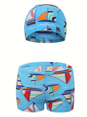 2pcs Boys Shark Print Swim Trunks & Cap Swimsuit Summer Clothes