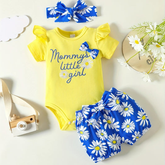 3pcs Infant Girls Mommy's Little Girl Onesie & Shorts & Headband Set