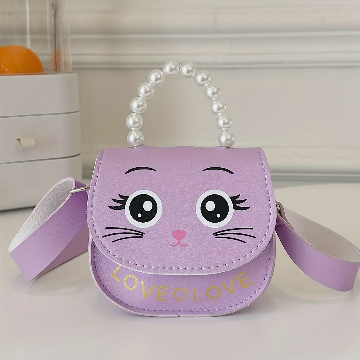 Girls Cat Shoulder Bag With Pearl Handle Strap Sweet Handbag Crossbody Bag