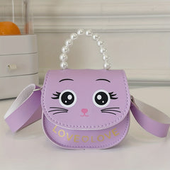 Girls Cat Shoulder Bag With Pearl Handle Strap Sweet Handbag Crossbody Bag