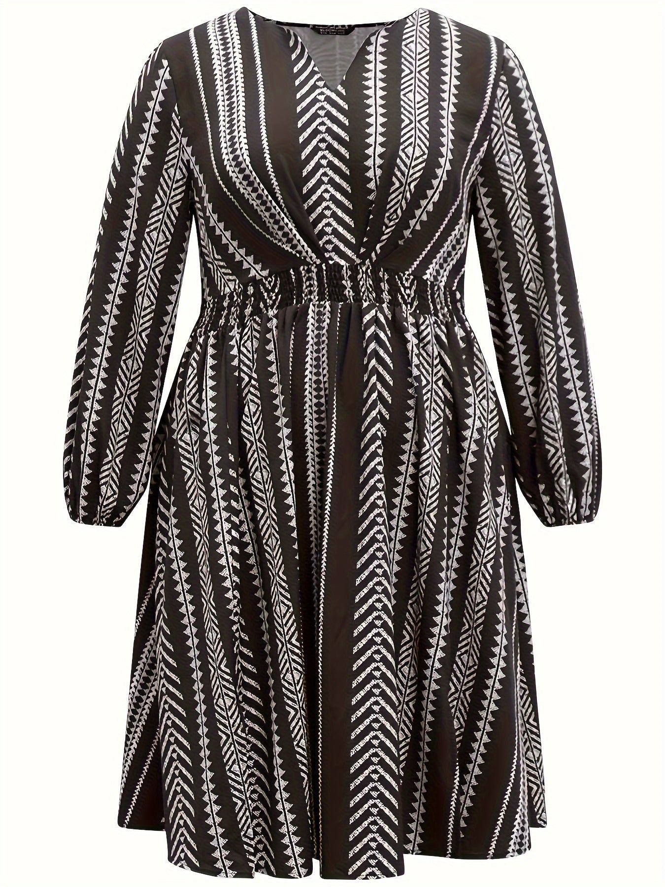Geometric Print Long Sleeve Plus Size Boho Dress with Pockets