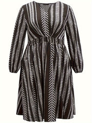 Geometric Print Long Sleeve Plus Size Boho Dress with Pockets
