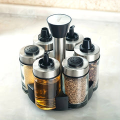 6pc Glass & Stainless Steel Vinegar & Pepper Bottles Set with Rotating Holder