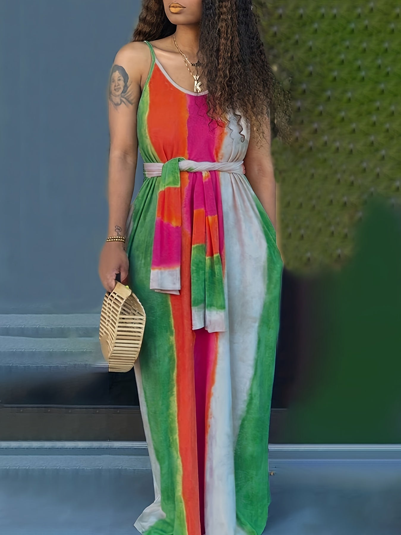 Plus Size Colorblock Maxi Cami Dress with Belt
