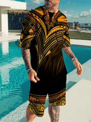 Totem Pattern Men's 2-Piece Outfit: T-shirt & Drawstring Shorts Set
