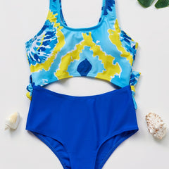 Girl's Block One Piece Swimsuit Mid Stretch Sleeveless
