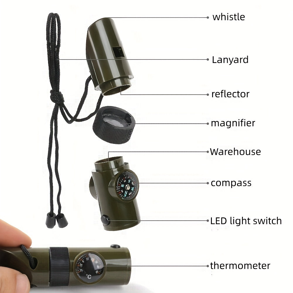 7 in 1 Survival Whistle LED Thermometer Compass Tool