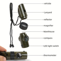 7 in 1 Survival Whistle LED Thermometer Compass Tool