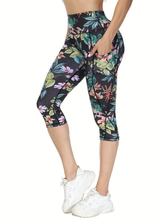 High Waist Yoga Capris w/ Pockets Tummy Control Floral Print Non See Through