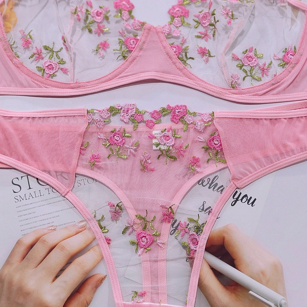  Floral Embroidered Mesh Bra & Panty Lingerie Set