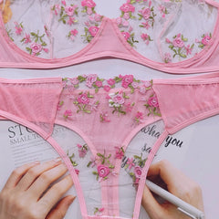 Floral Embroidered Mesh Bra & Panty Lingerie Set