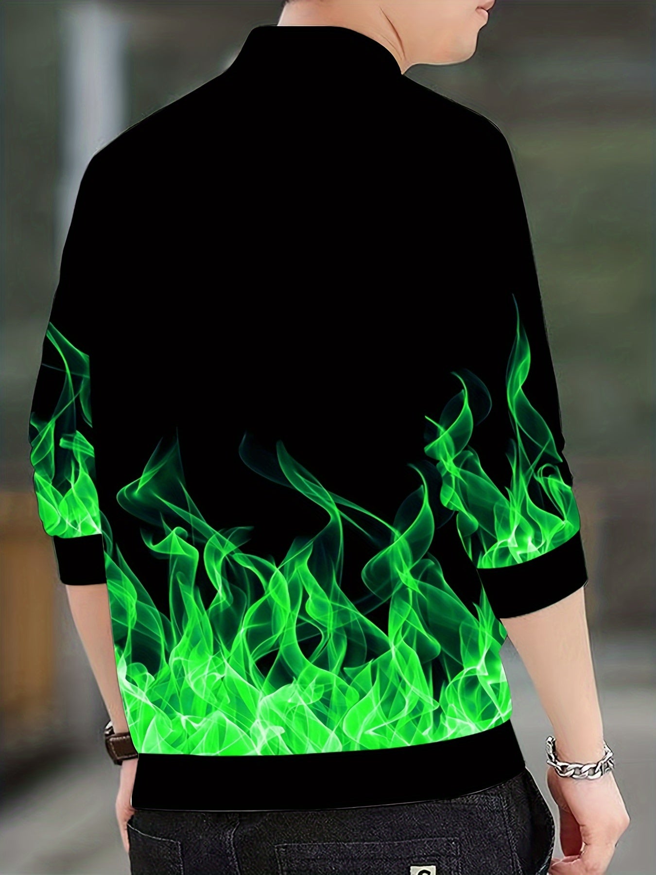 Men's Flame Pattern Zip Up Varsity Jacket