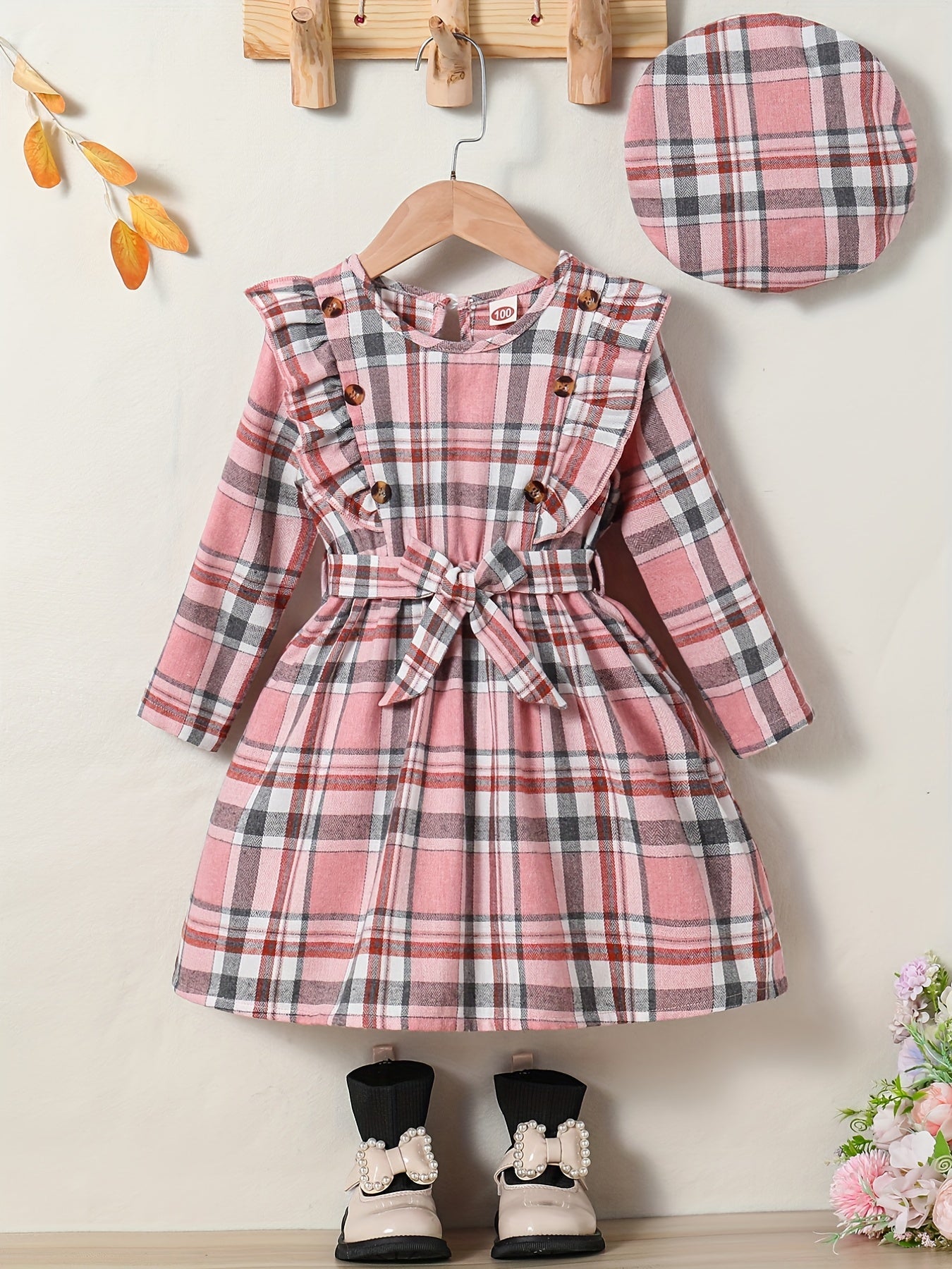 Girls' Plaid Long Sleeve Casual Midi Dress With Hat & Belt for Spring/Autumn