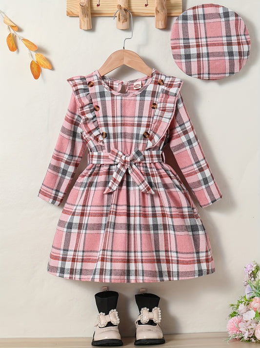 Girls' Plaid Long Sleeve Casual Midi Dress With Hat & Belt for Spring/Autumn