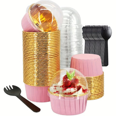 50pcs Disposable Muffin Cups With Lids, Spoons and Glossy Cupcake Liners