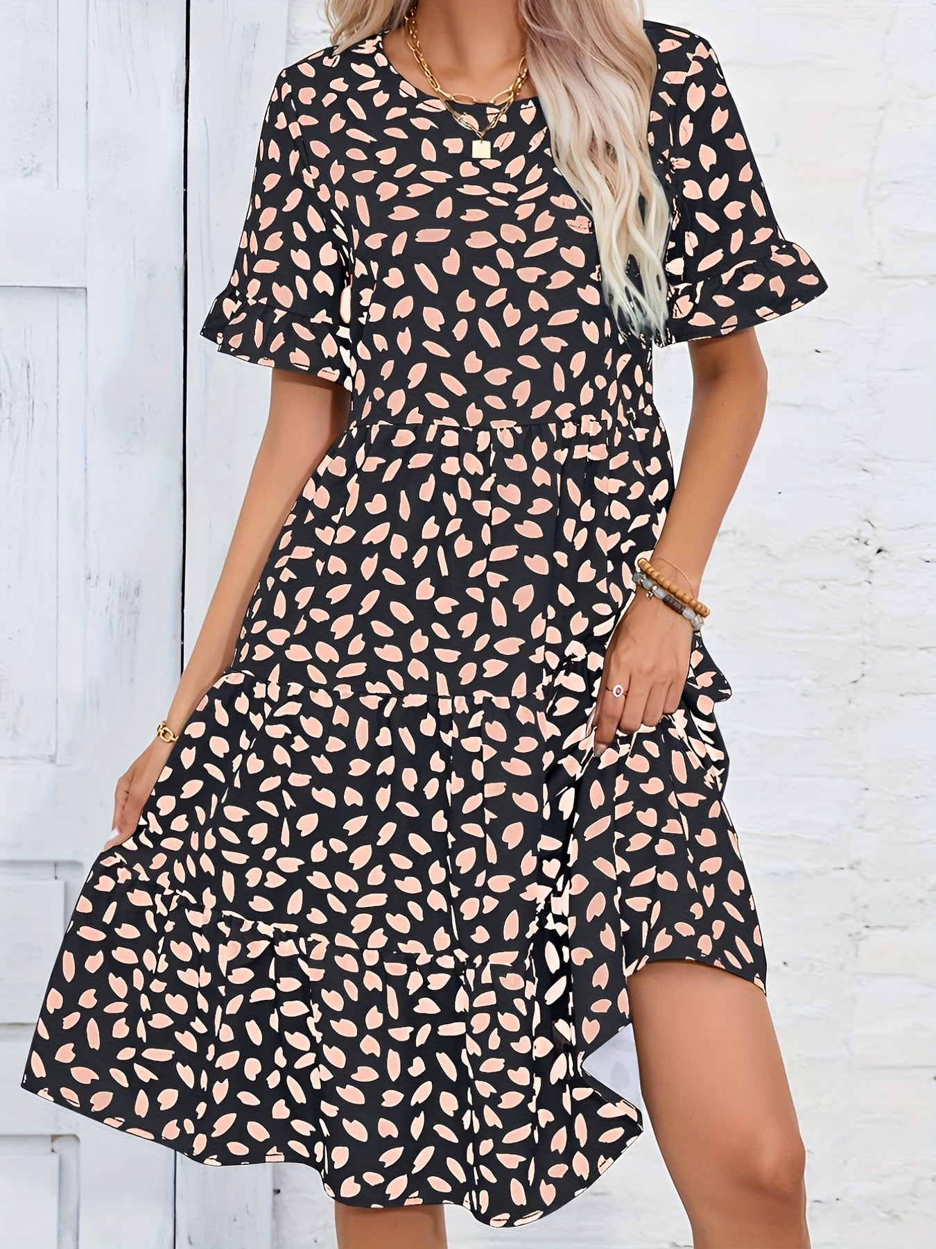 Printed Ruffle Trim Dress Casual Ruched Short Sleeve Dress