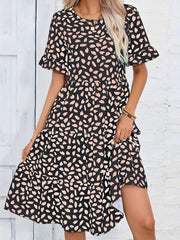 Printed Ruffle Trim Dress Casual Ruched Short Sleeve Dress