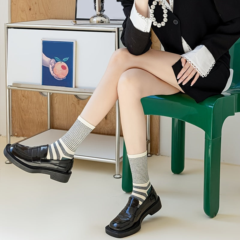 5 Pairs Striped Crew Socks Comfy & Soft Women's Stockings